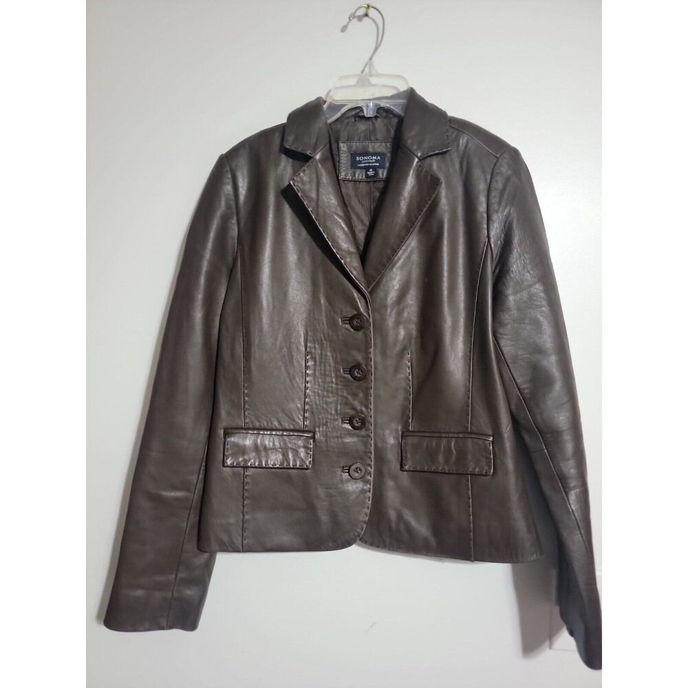Sonoma Lambskin Brown Leather Blazer Jacket Pockets Topstitching Strip Lining M